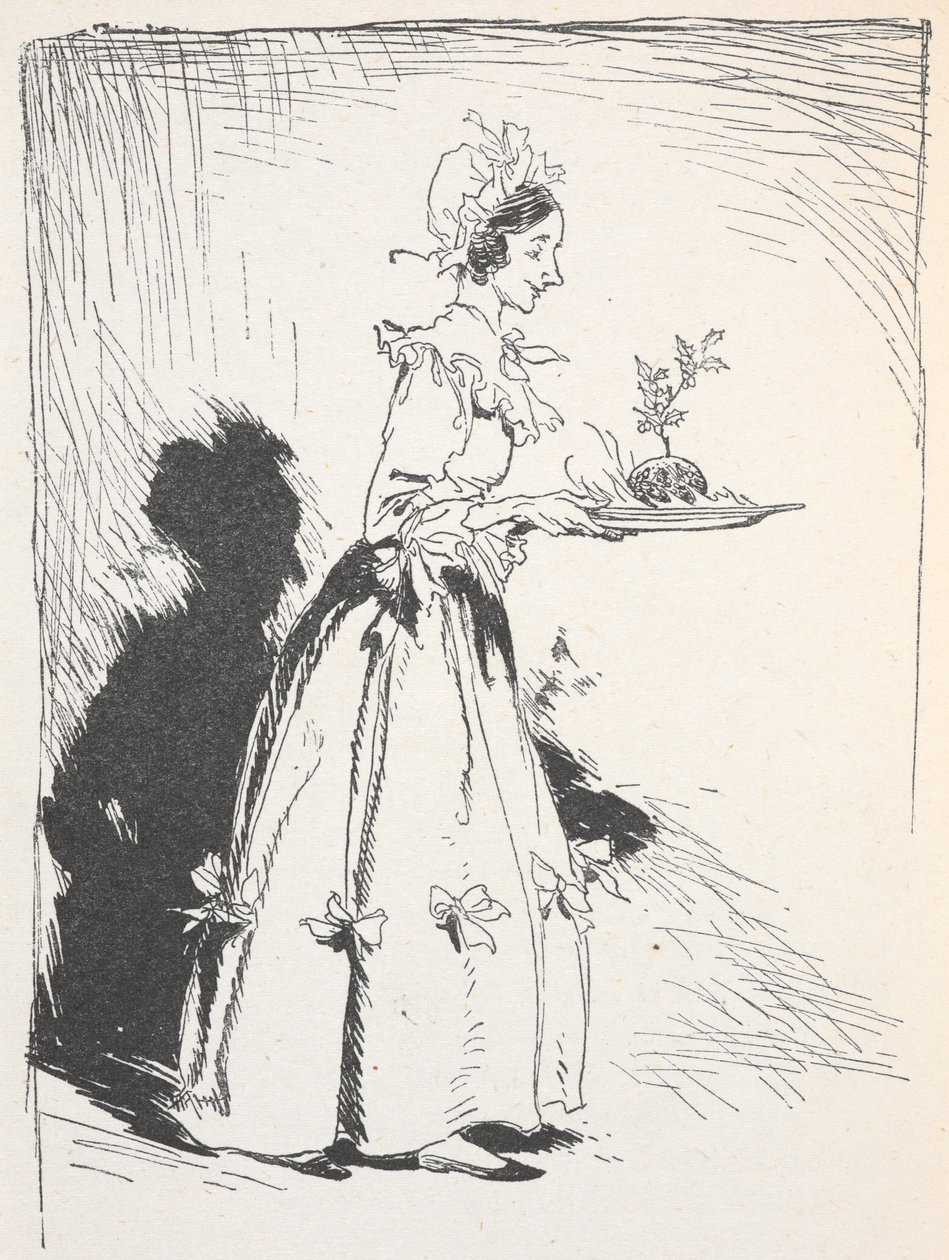 Ilustracja przedstawiająca kobietę niosącą świąteczny pudding autorstwa Arthur Rackham