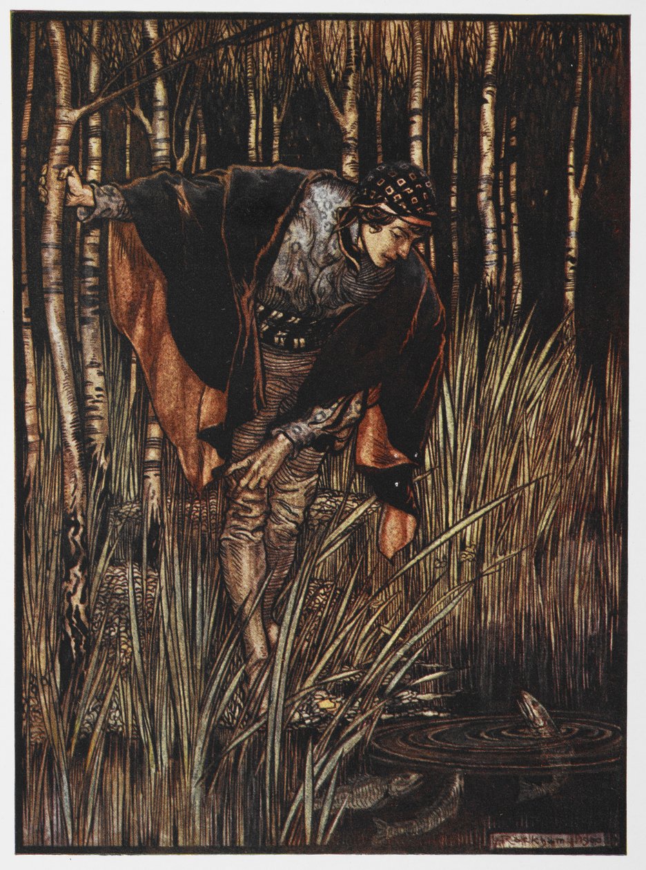 Ilustracja przedstawiająca młodzieńca nad stawem z filmu The White Snake. autorstwa Arthur Rackham