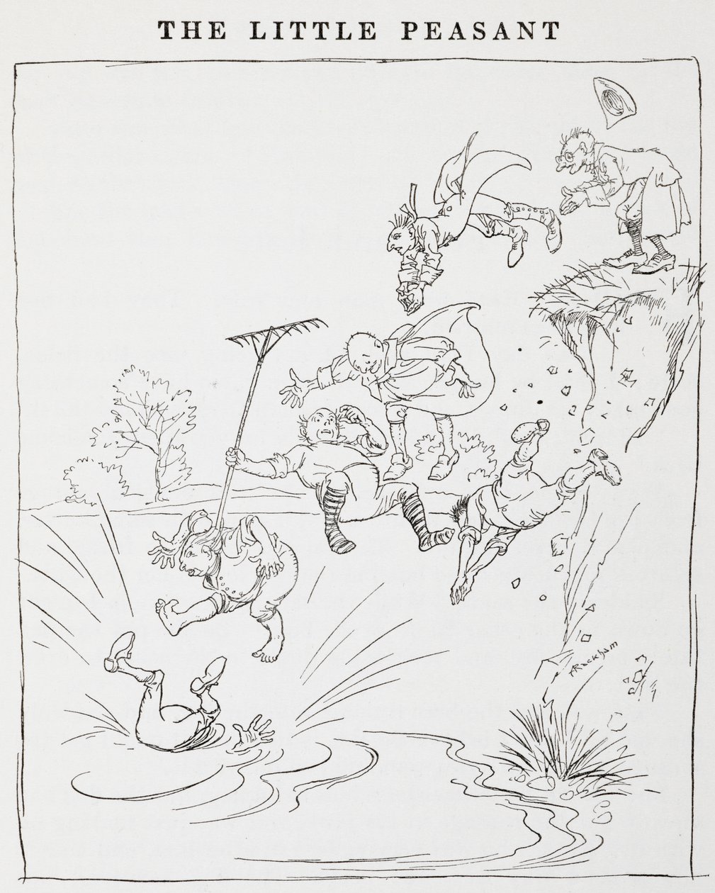 Ilustracja przedstawiająca mężczyzn skaczących z urwiska do stawu z filmu „Mali chłopi”. autorstwa Arthur Rackham