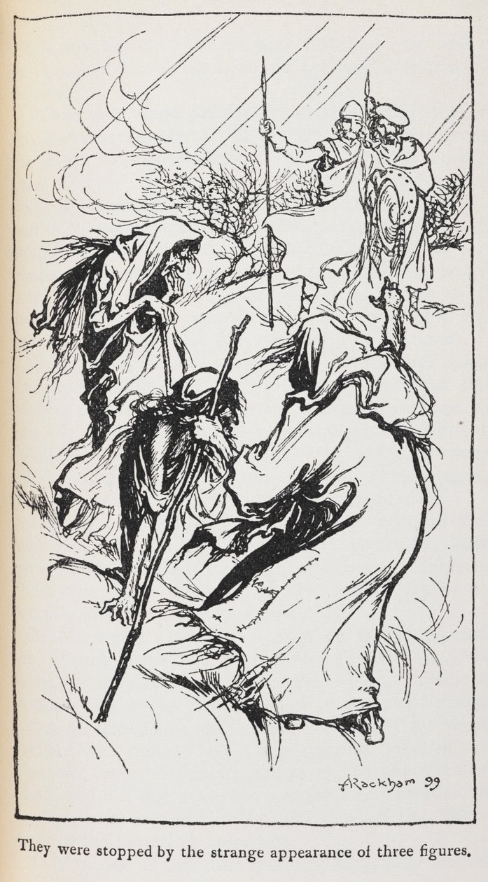 Ilustracja przedstawiająca trzy czarownice, Makbeta i Banka. autorstwa Arthur Rackham