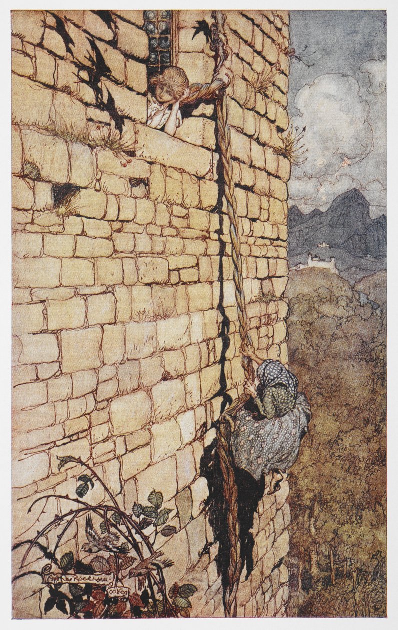 Ilustracja przedstawiająca wiedźmę wspinającą się po włosach Roszpunki. autorstwa Arthur Rackham