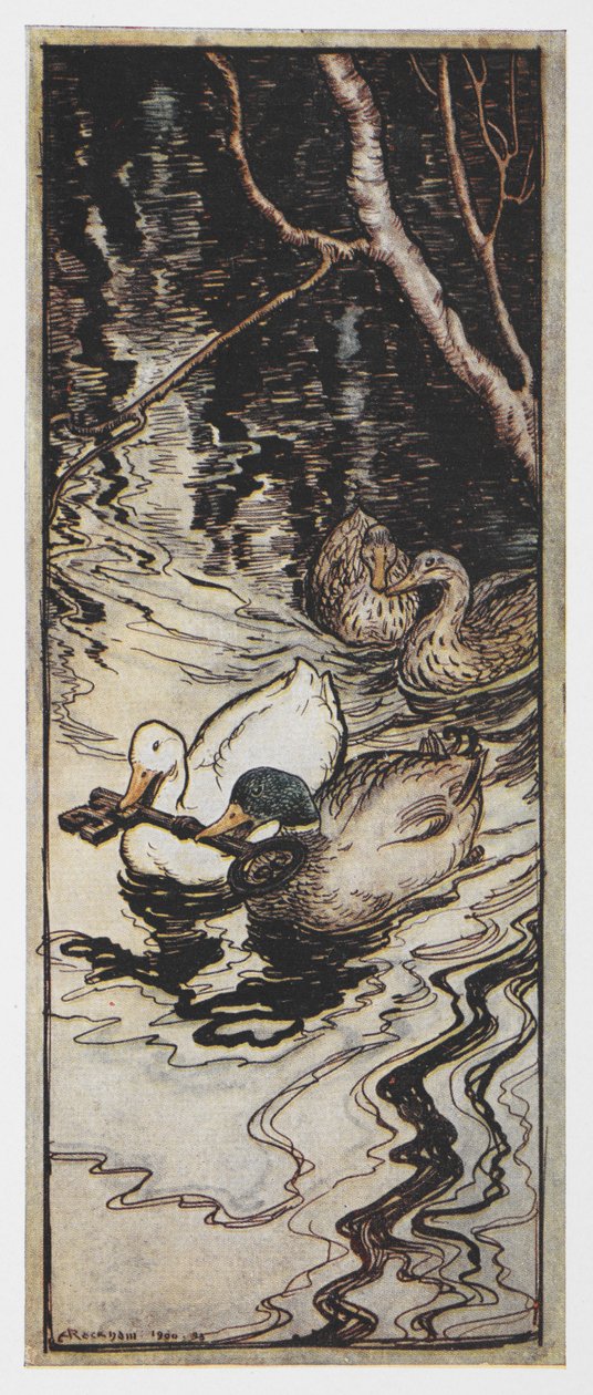 Ilustracja przedstawiająca dwie kaczki niosące klucz z filmu Królowa Pszczół. autorstwa Arthur Rackham