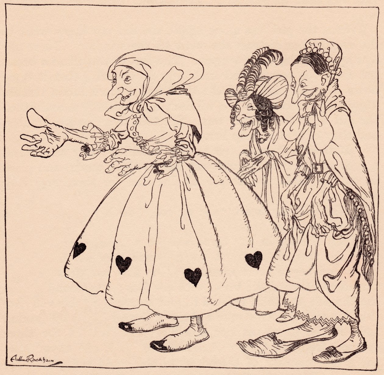 Weszły trzy kobiety ubrane w najdziwaczniejszy sposób. Ilustracja autorstwa Arthura Rackhama z baśni Grimm, Trzy wirujące kobiety. autorstwa Arthur Rackham