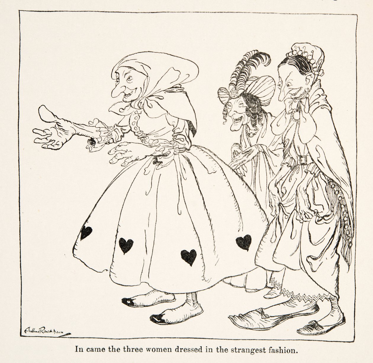 Weszły trzy kobiety ubrane w najdziwniejszy sposób, z Little Brother & Little Sister i Other Tales by the Brothers Grimm, pub.1917 (lito) autorstwa Arthur Rackham