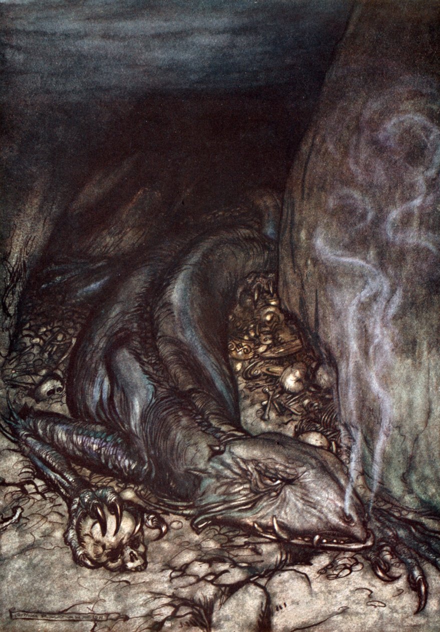 „W postaci smoka Fafner teraz pilnuje skarbu”, 1924. autorstwa Arthur Rackham