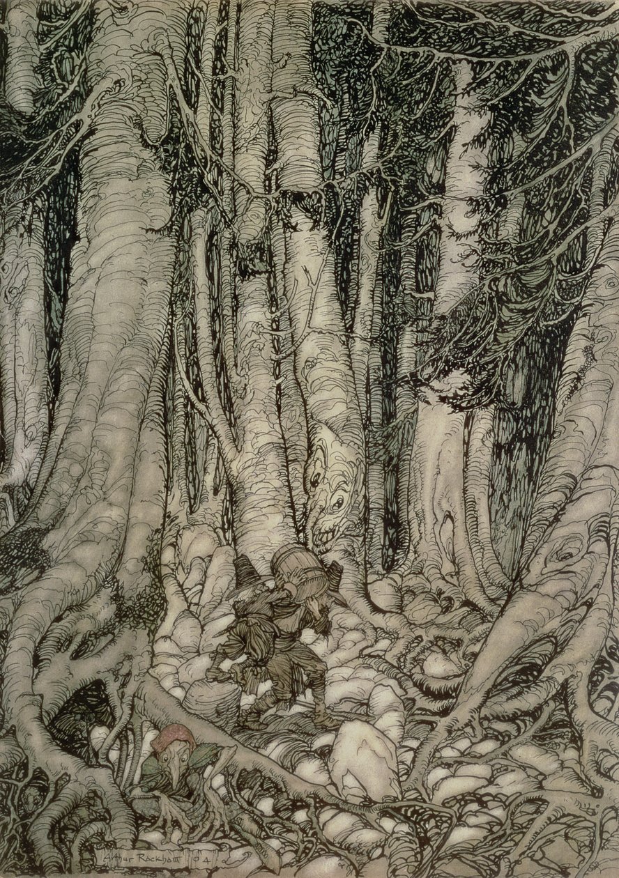 W lesie z beczką z Rip Van Winkle napisanej przez Washington Irving (1783-1859), 1905 autorstwa Arthur Rackham