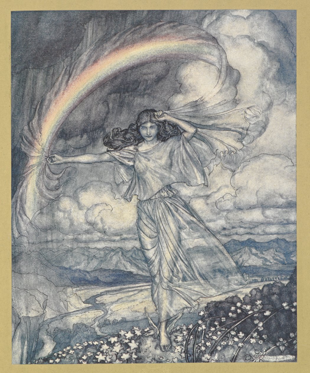 Iris tam, z wilgotnym dziobem”. autorstwa Arthur Rackham