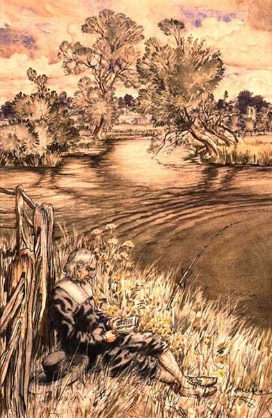 Izaak Walton oparty o płot, jedna z serii ilustracji Izaaka Waltona „The Complete Angler” (pióro, atrament i akwarela na papierze) autorstwa Arthur Rackham