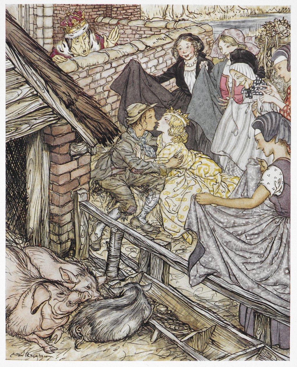 „Tak jak świniopas wziął osiemdziesiąty szósty pocałunek”, ilustracja do „Świniopas”, Hans Christian Andersen autorstwa Arthur Rackham