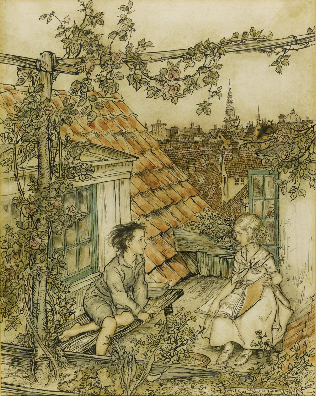 Kay i Gerda w swoim ogrodzie wysoko na dachu. Ilustracja do opowieści o Królowej Śniegu, 18 autorstwa Arthur Rackham