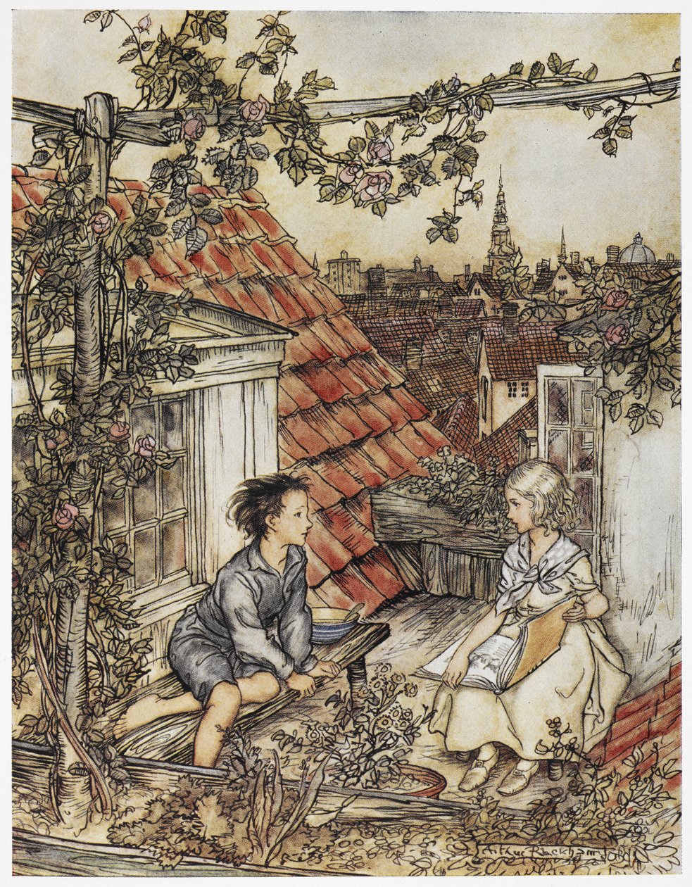 "Kay e Gerda em seu jardim no alto do telhado". Duas crianças sentadas no telhado de uma casa. Ilustração para "a garotinha e o garotinho".polonês autorstwa Arthur Rackham