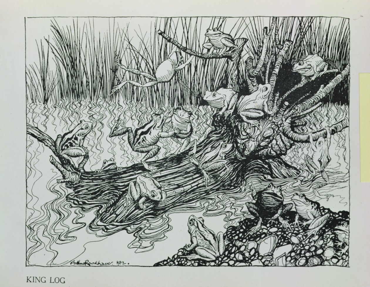 King Log, ilustracja z „Bajek Ezopa”, wyd. Heinemann, 1912 autorstwa Arthur Rackham
