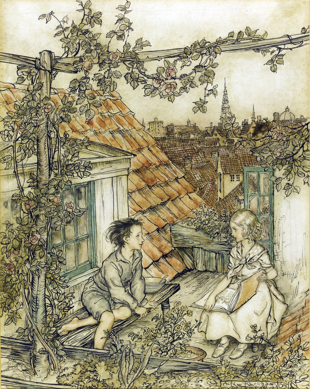 La Reine des neiges - Kay i Gerda w swoim ogrodzie wysoko na dachu. Ilustracja do opowieści o Królowej Śniegu par Rackham, Arthur (1867-1939) autorstwa Arthur Rackham