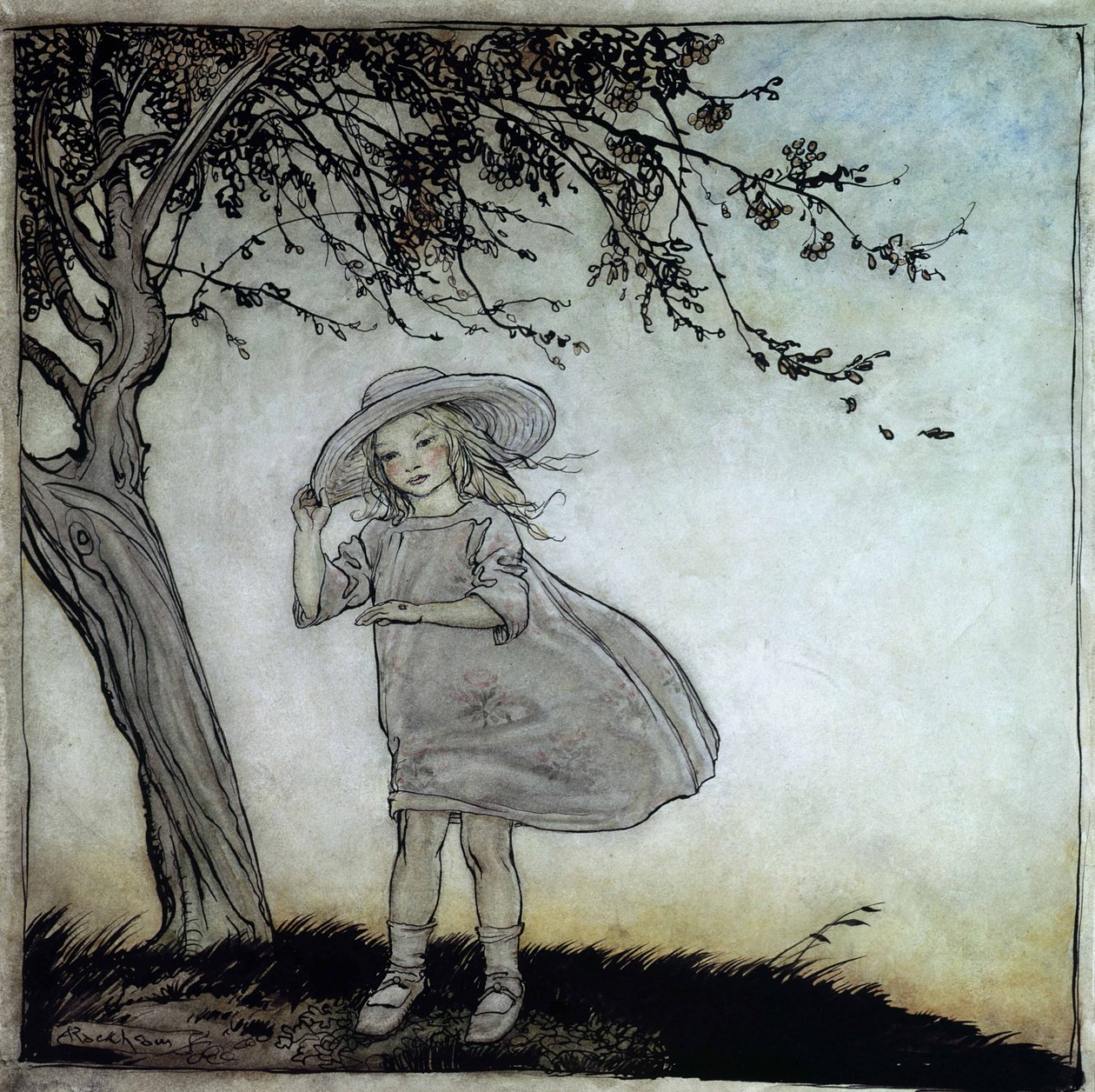 Ladybird, Ladybird Fly Away Home, ilustracja z Mother Goose, the Old Nursery Rhymes, opublikowana w 1913 r. (pióro i atrament i toaleta na papierze) autorstwa Arthur Rackham