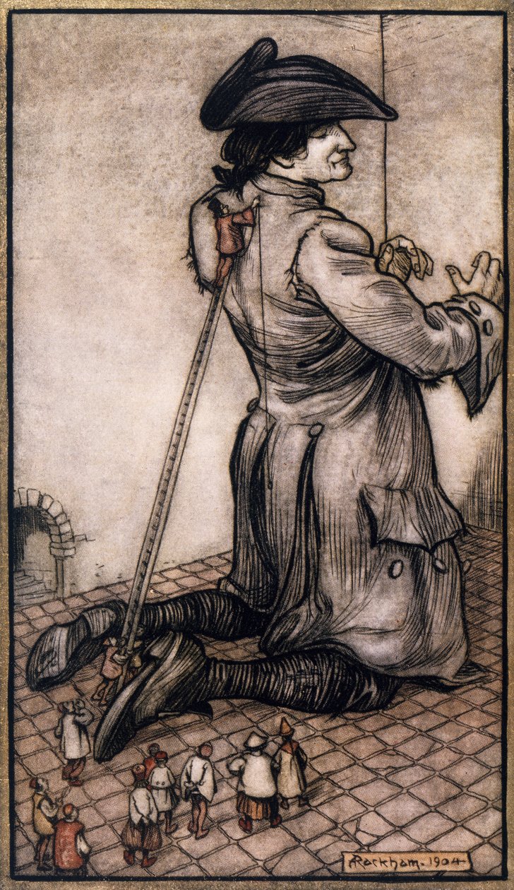 Liliputowi krawcy mierzący Guliwera, aby zrobić mu nowy garnitur, ilustracja autorstwa Arthura Rackhama (1867-1939) z Podróży Guliwera Jonathana Swifta (Dublin autorstwa Arthur Rackham