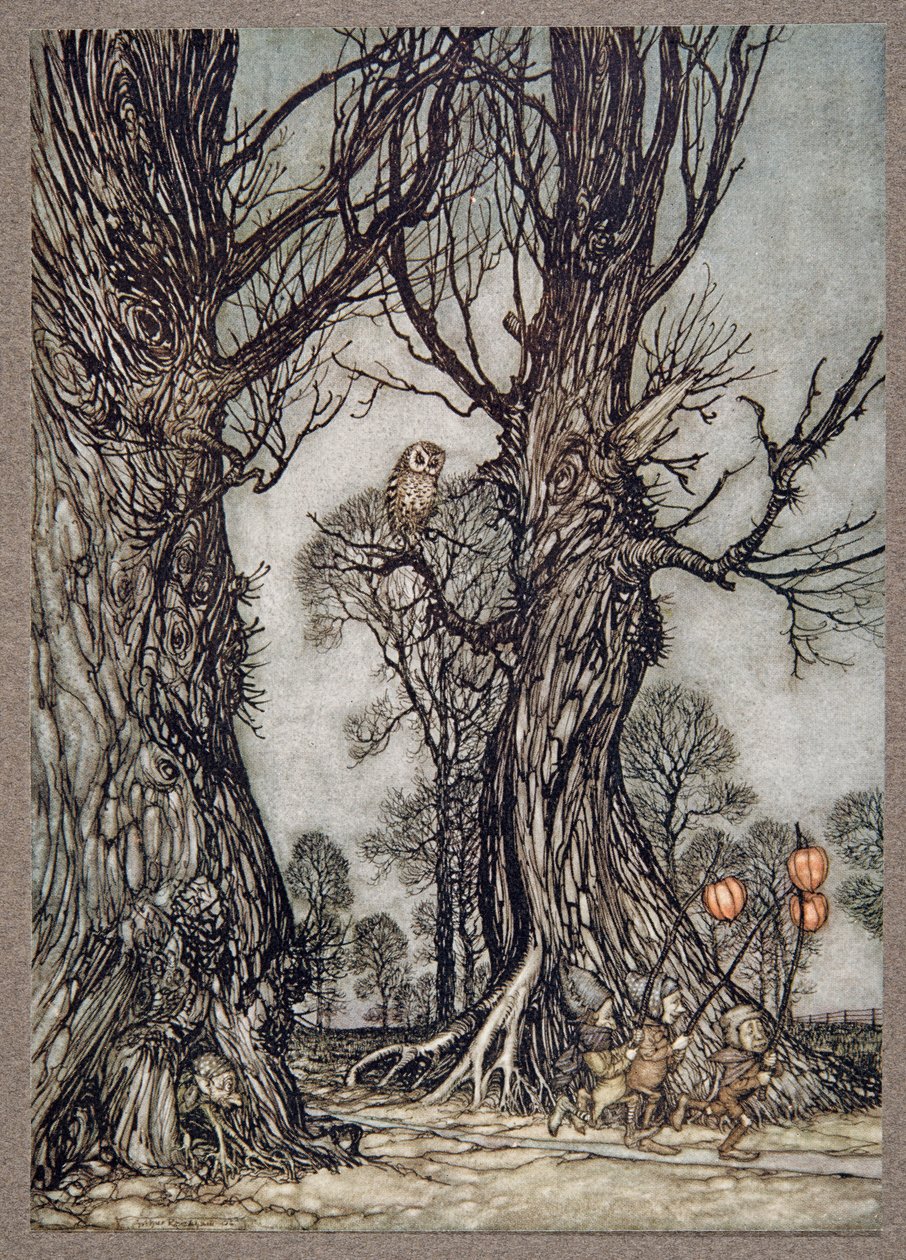 Linkmen biegnie z przodu niosąc zimowe czereśnie, z Peter Pan in Kensington Gardens przez J M Barrie (1860 - 1937), pub. 1906 autorstwa Arthur Rackham