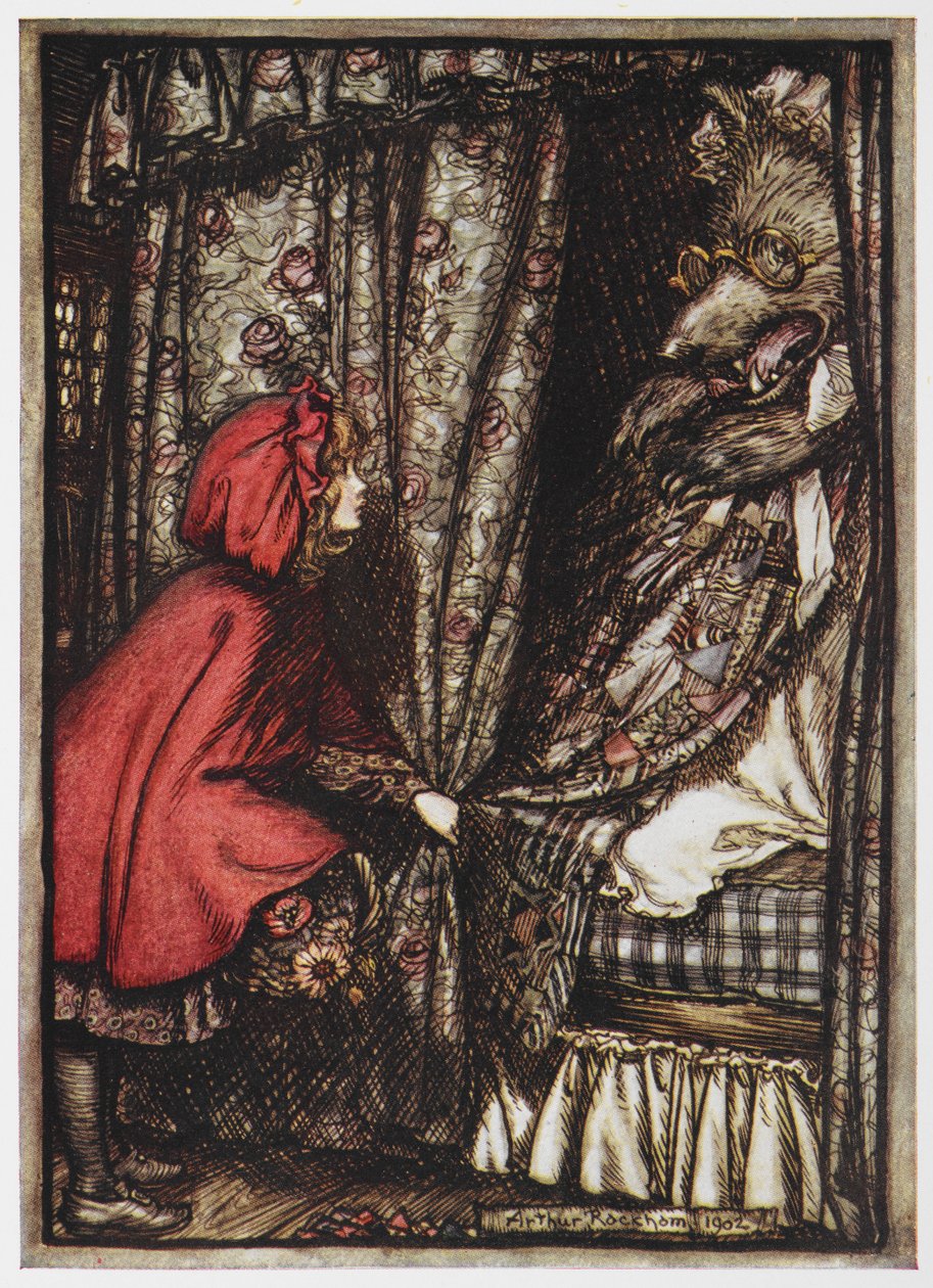 Little Red Riding and the Wolf przebrany za babcię. autorstwa Arthur Rackham