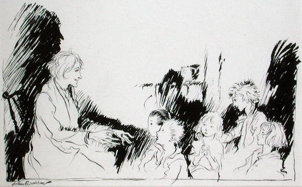 Długie historie o duchach, czarownicach i Indianach, ilustracja z „Rip van Winkle” Washingtona Irvinga (1783-1859), wydanie opublikowane w 1916 r. (pióro i atrament na papierze) autorstwa Arthur Rackham