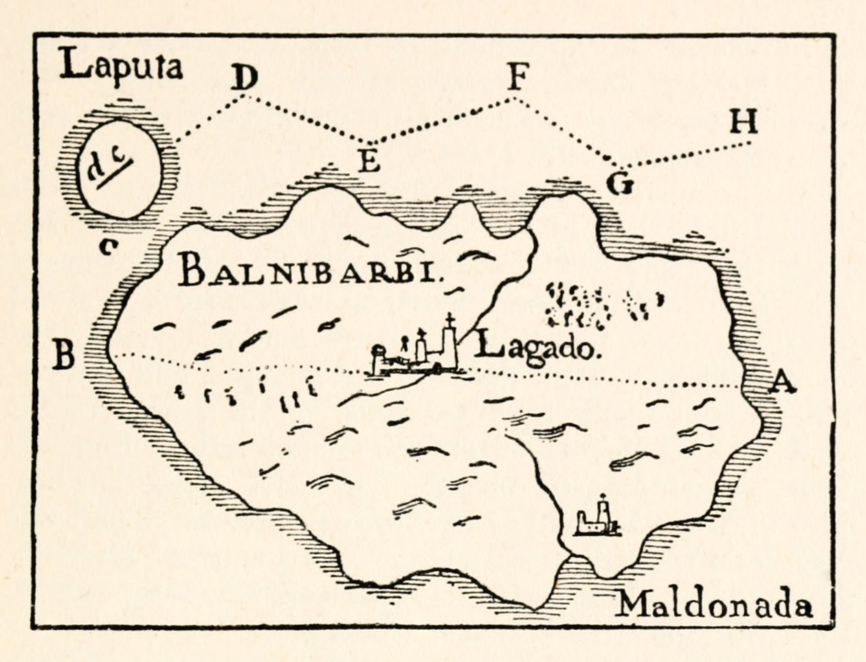 Mapa Laputa (latająca wyspa po prawej) i Balnibarbi (główny port Maldonado) z części III: Podróż do Laputy, Balnibarbi, Luggnagg, Glubbdubdrib i Japonii w Gullivers Travels by Jonathan Swift autorstwa Arthur Rackham