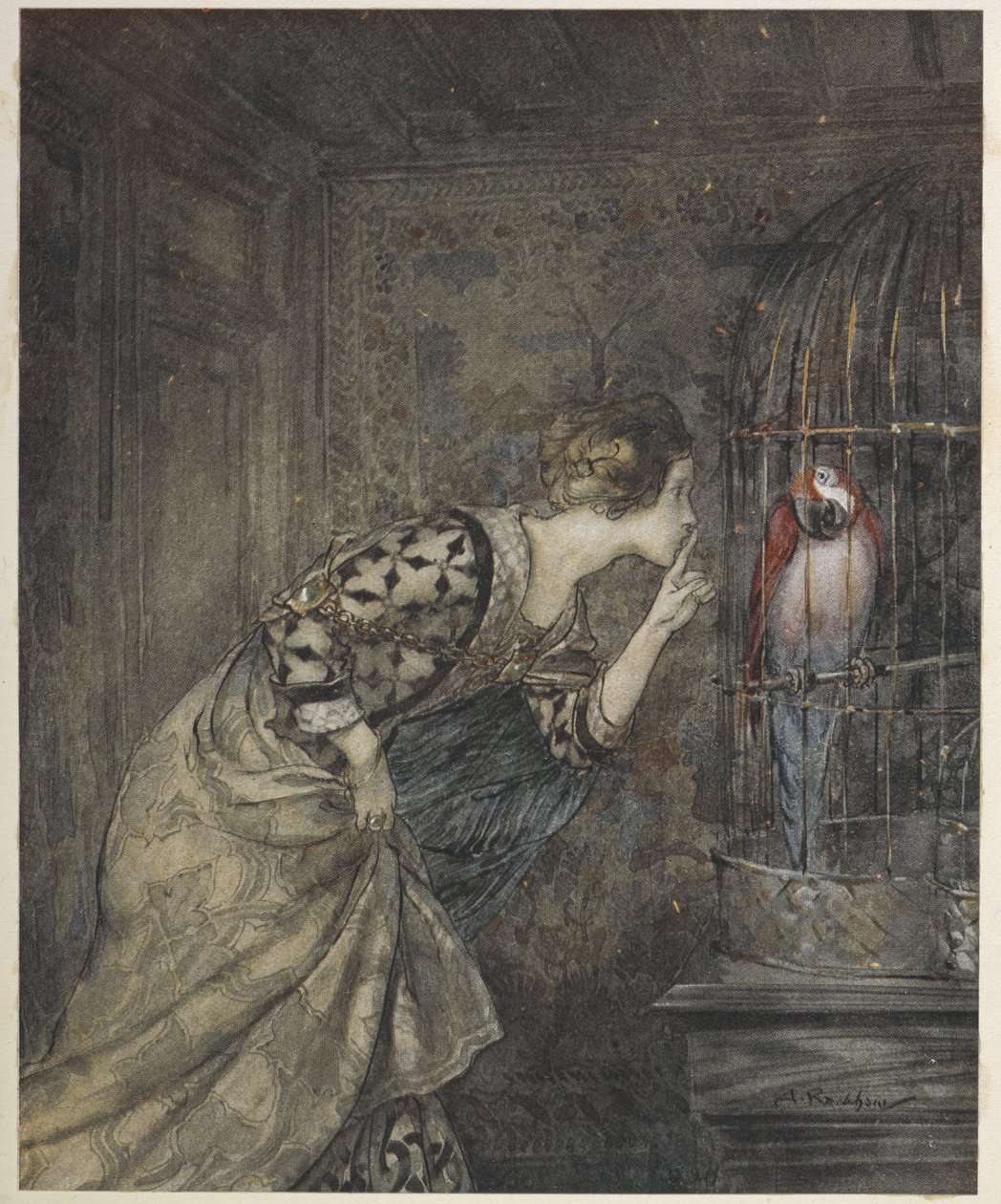 May Colvin i papuga w klatce. autorstwa Arthur Rackham