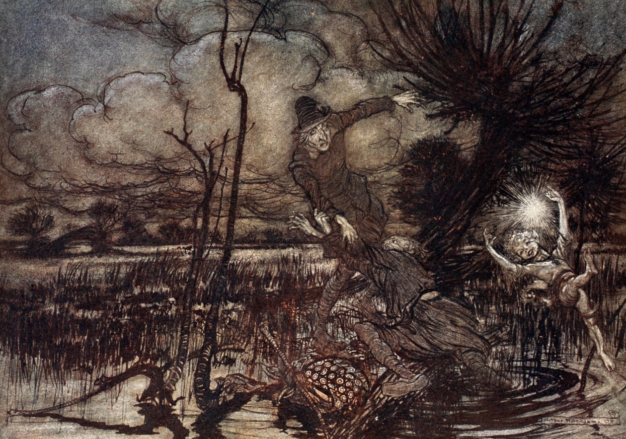 Wprowadzać w błąd nocnych wędrowców, śmiejąc się z ich krzywdy, ilustracja ze „Snu nocy letniej” Williama Szekspira, 1908 autorstwa Arthur Rackham