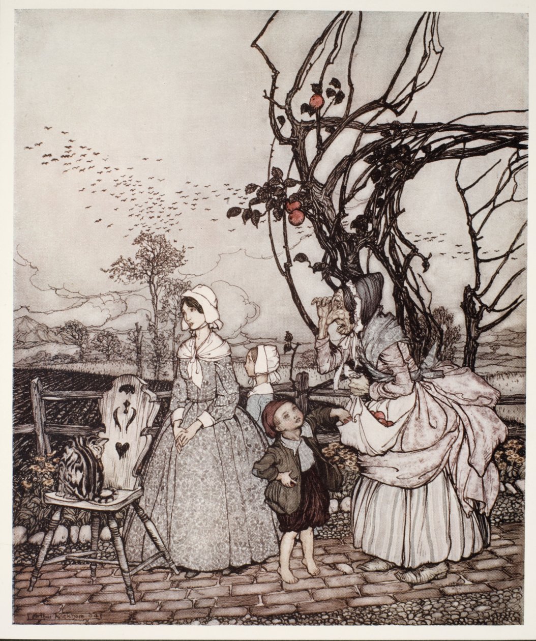 Mama i dzieci wracają ze zbioru jabłek, z pubu Rip Van Winkle by Washington Irving. 1910 autorstwa Arthur Rackham