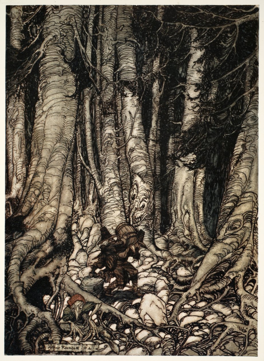 Odciążając się nawzajem, wspięli się wąskim wąwozem, od pubu Rip Van Winkle przy Washington Irving. 1910 autorstwa Arthur Rackham