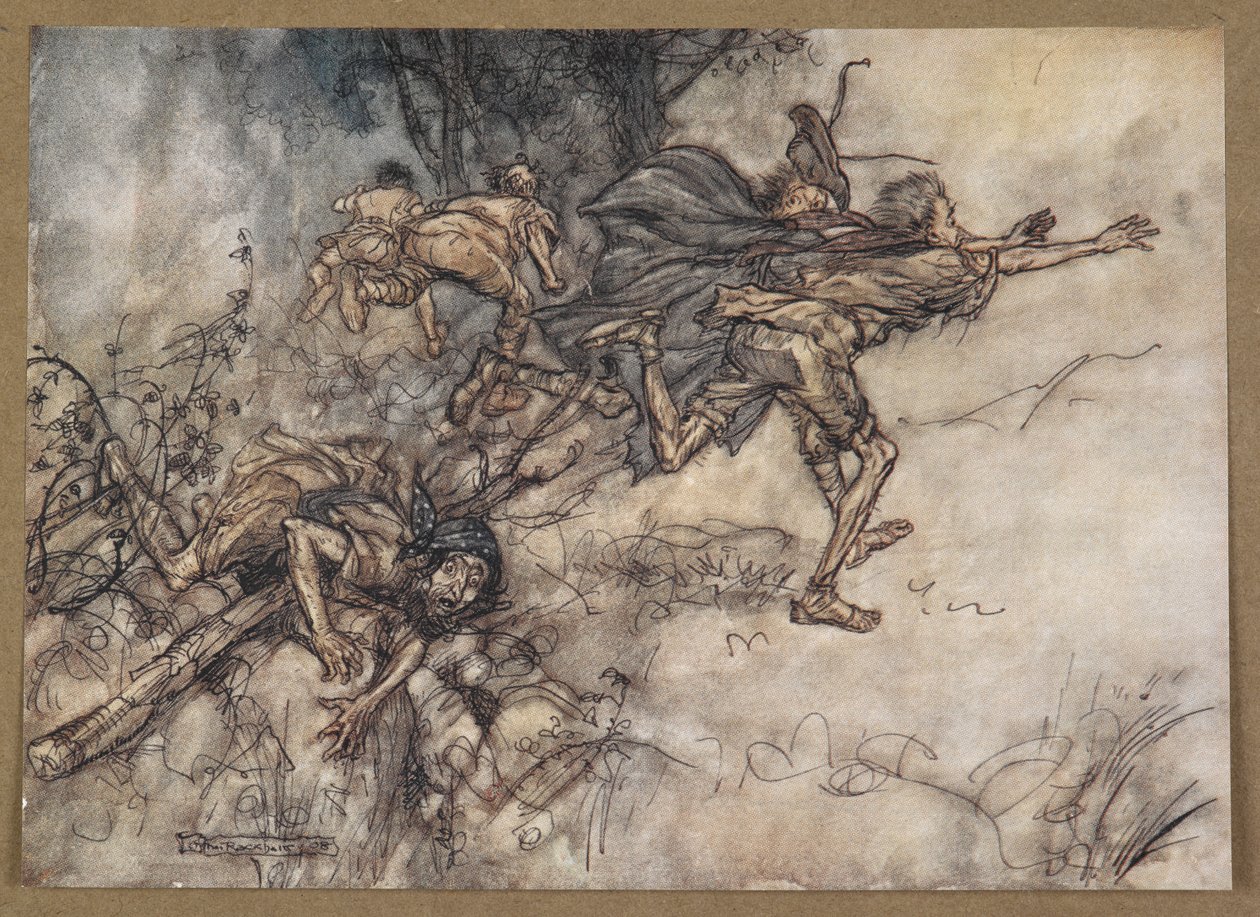 „O potworne! O dziwo! Jesteśmy nawiedzeni. Módlcie się, mistrzowie! Lećcie, mistrzowie! Pomoc! Kadr z filmu „Sen nocy letniej”. autorstwa Arthur Rackham