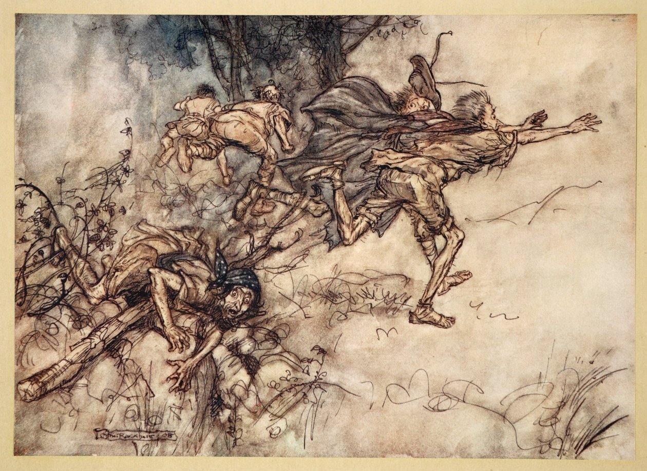 O potworny! O dziwny! jesteśmy nawiedzone. Módlcie się, mistrzowie! latać, mistrzowie! Pomocy!, ilustracja ze „Snu nocy letniej” Williama Szekspira, 1908 autorstwa Arthur Rackham