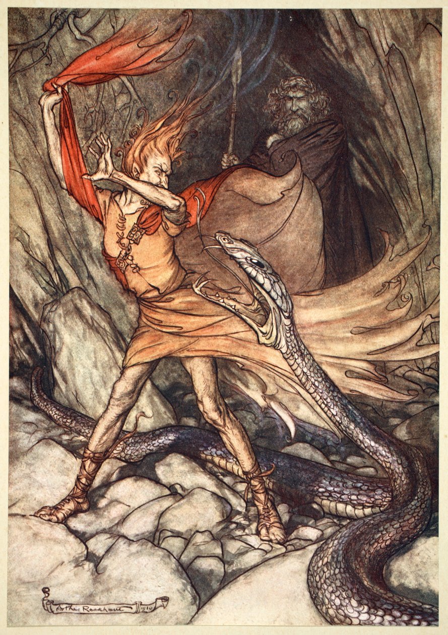 „Och! Och! Straszny smoku, nie połykaj mnie! Oszczędź życie biednej Loge!”, 1910. autorstwa Arthur Rackham