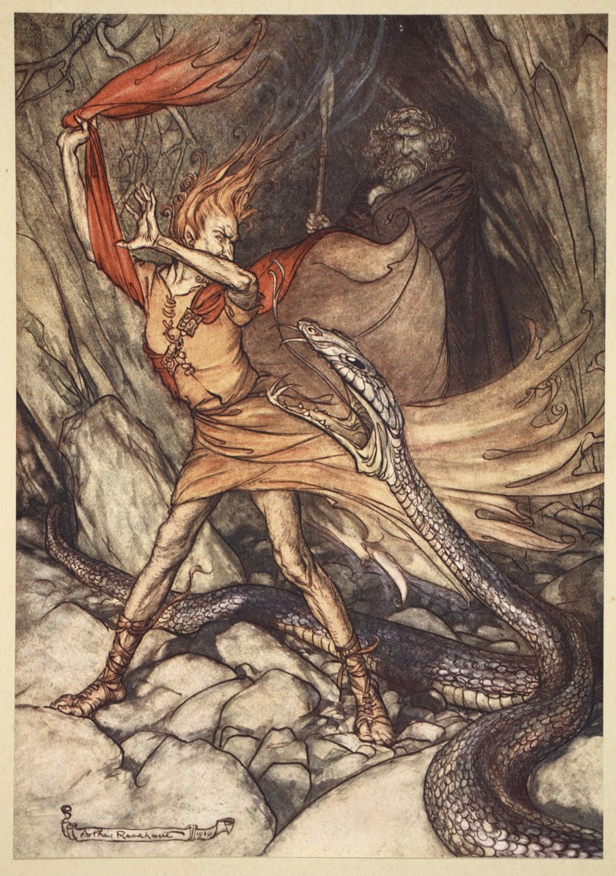 „Och! Och! Straszny smoku, nie połykaj mnie! Oszczędź życie biednej Loge!”, ilustracja z „Złoto Renu i Walkiria”, 1910 autorstwa Arthur Rackham