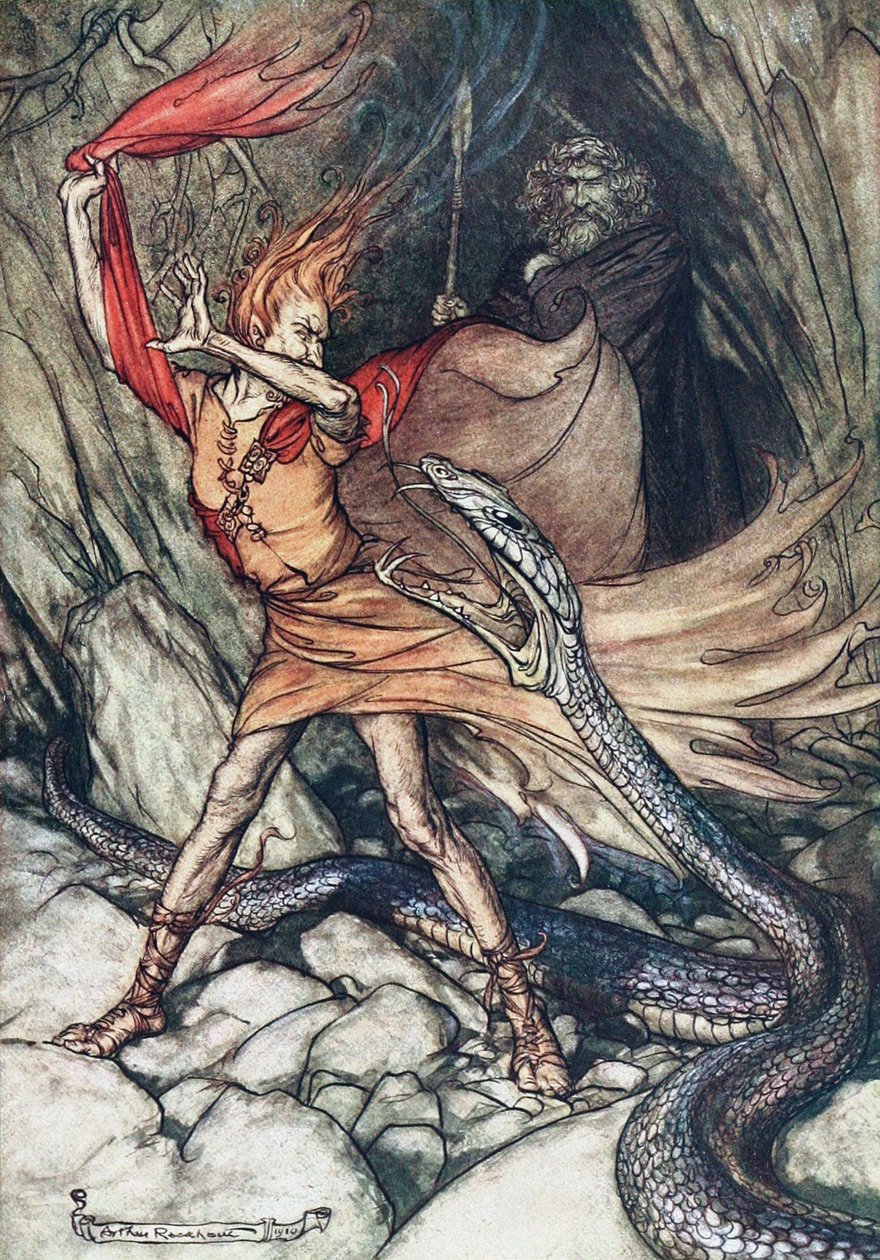 Och! Och! Straszny smoku, nie połykaj mnie! Ilustracja do Złota Renu i Walkirii autorstwa autorstwa Arthur Rackham