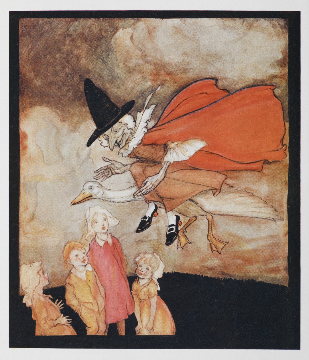 Old Mother Goose, przelatująca nad grupą dzieci w czerwonej pelerynie i czarnym kapeluszu. autorstwa Arthur Rackham