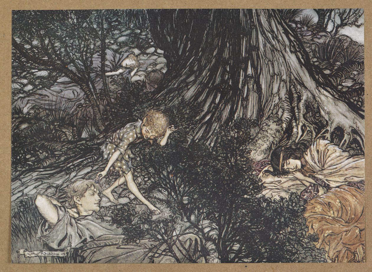 Na ziemi, śpij spokojnie: Zastosuję ci na oko, kochanie łagodny, lekarstwo”. Kadr z filmu „Sen nocy letniej”. autorstwa Arthur Rackham