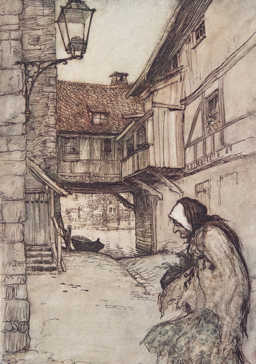 Kiedyś była biedna staruszka, która mieszkała na wsi, z The Fairy Tales of the Brothers Grimm, pub. 1909 autorstwa Arthur Rackham