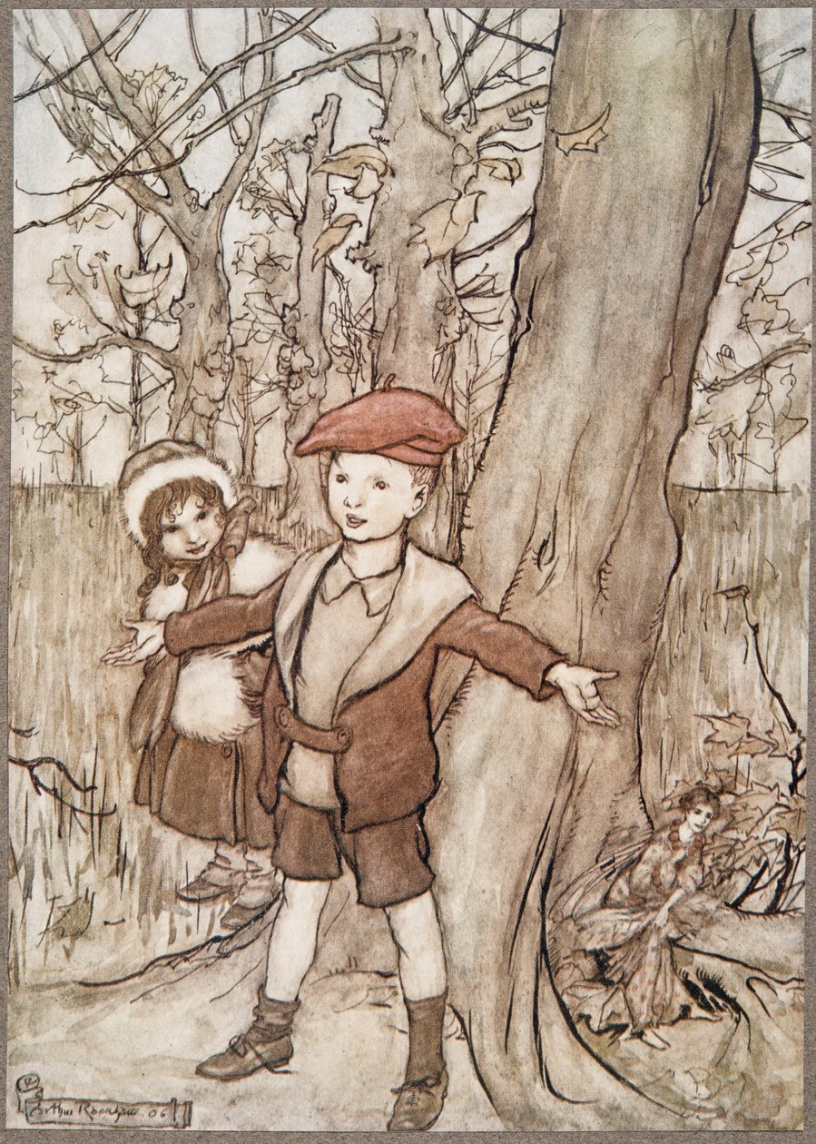 Pewnego dnia podsłuchała ich wróżka .. , Piotruś Pan w Kensington Gardens JM Barrie (1860 - 1937), wyd. 1906 autorstwa Arthur Rackham