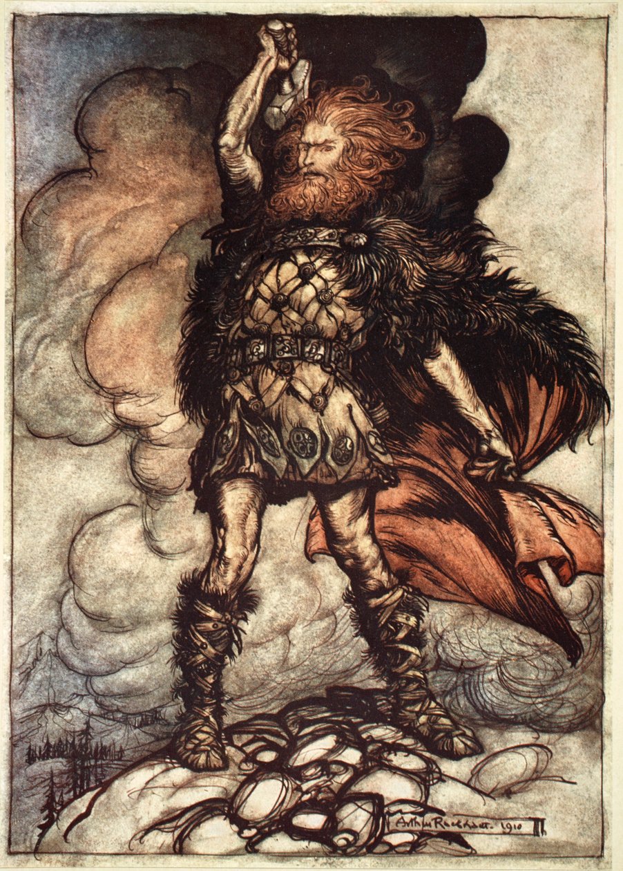 „Jeden z bogów, Donner, przywołuje mgłę”, 1910. autorstwa Arthur Rackham