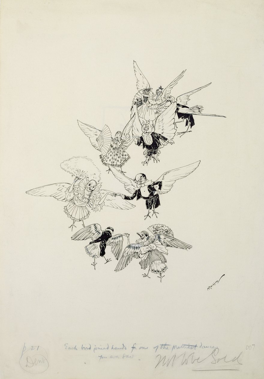 Jeden z najładniejszych tańców, jakie kiedykolwiek widziałeś, ilustracja z The Zankiwank and the Bletherwitch autorstwa S.J. Adair Fitzgerald, opublikowany 1896 (pióro i atrament) autorstwa Arthur Rackham