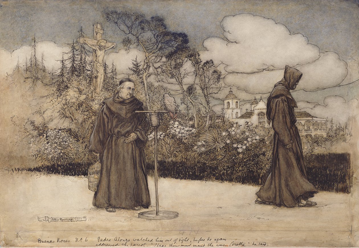 Ojciec Alonzo obserwował go poza zasięgiem wzroku, ilustracja z Good Night Eleanor Gates, 1907 (pióro i atrament i toaleta na papierze) autorstwa Arthur Rackham