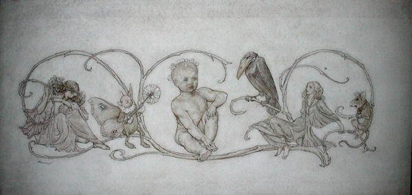 Piotruś Pan, ilustracja z „Peter Pan w Kensington Gardens, Londyn”, opublikowana w 1906 r. (pióro i atrament oraz akwarela na papierze) autorstwa Arthur Rackham