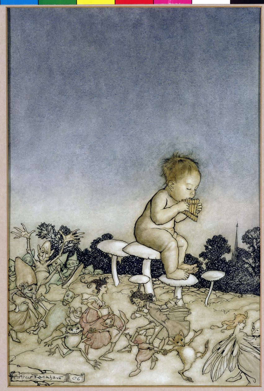 Piotruś Pan to Orkiestra Wróżek, ilustracja z Piotruś Pan w Kensington Gardens, J.M. Barrie, 1806 (pióro i atrament i toaleta na papierze) autorstwa Arthur Rackham