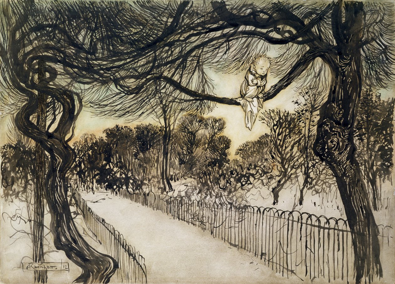 Piotruś Pan na gałęzi, scena z Piotrusia Pana w Kensington Gardens autorstwa J.M Barrie, 1912 (pióro i atrament oraz toaleta) autorstwa Arthur Rackham