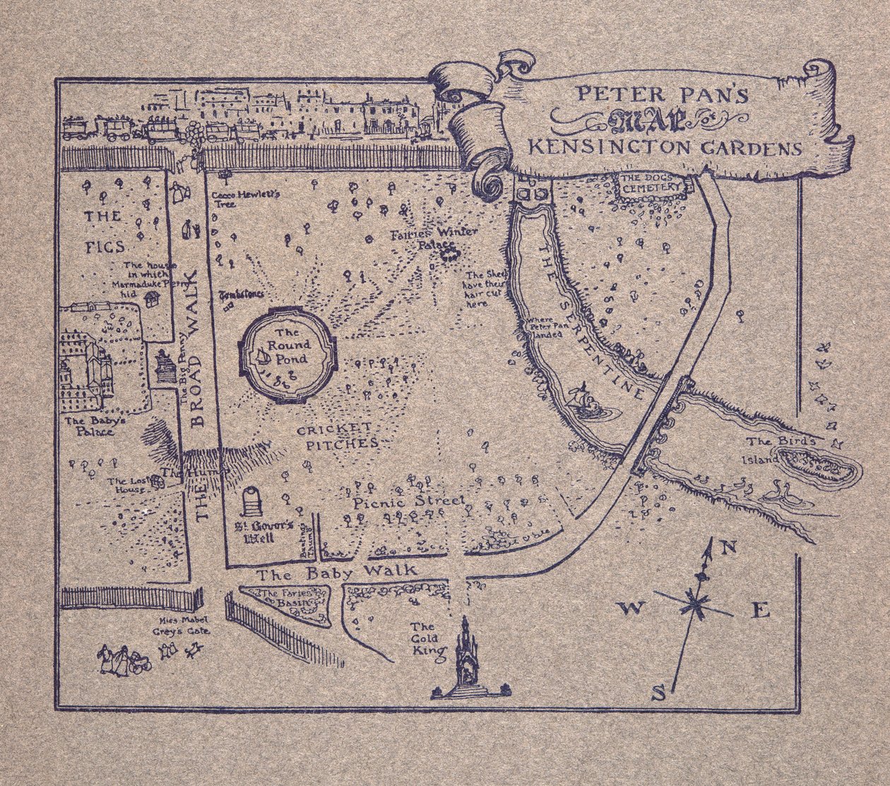 Piotruś Pans Mapa Kensington Gardens, od Piotrusia Pana w Kensington Gardens autorstwa JM Barrie (1860 - 1937), wyd. 1906 autorstwa Arthur Rackham