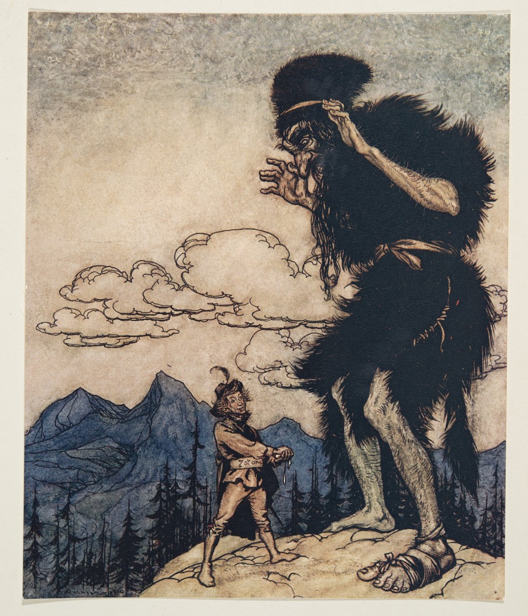 Wyciągając kawałek miękkiego sera z kieszeni, ściskał go aż do wyczerpania wilgoci…z The Fairy Tales of the Brothers Grimm, pub. 1909 autorstwa Arthur Rackham