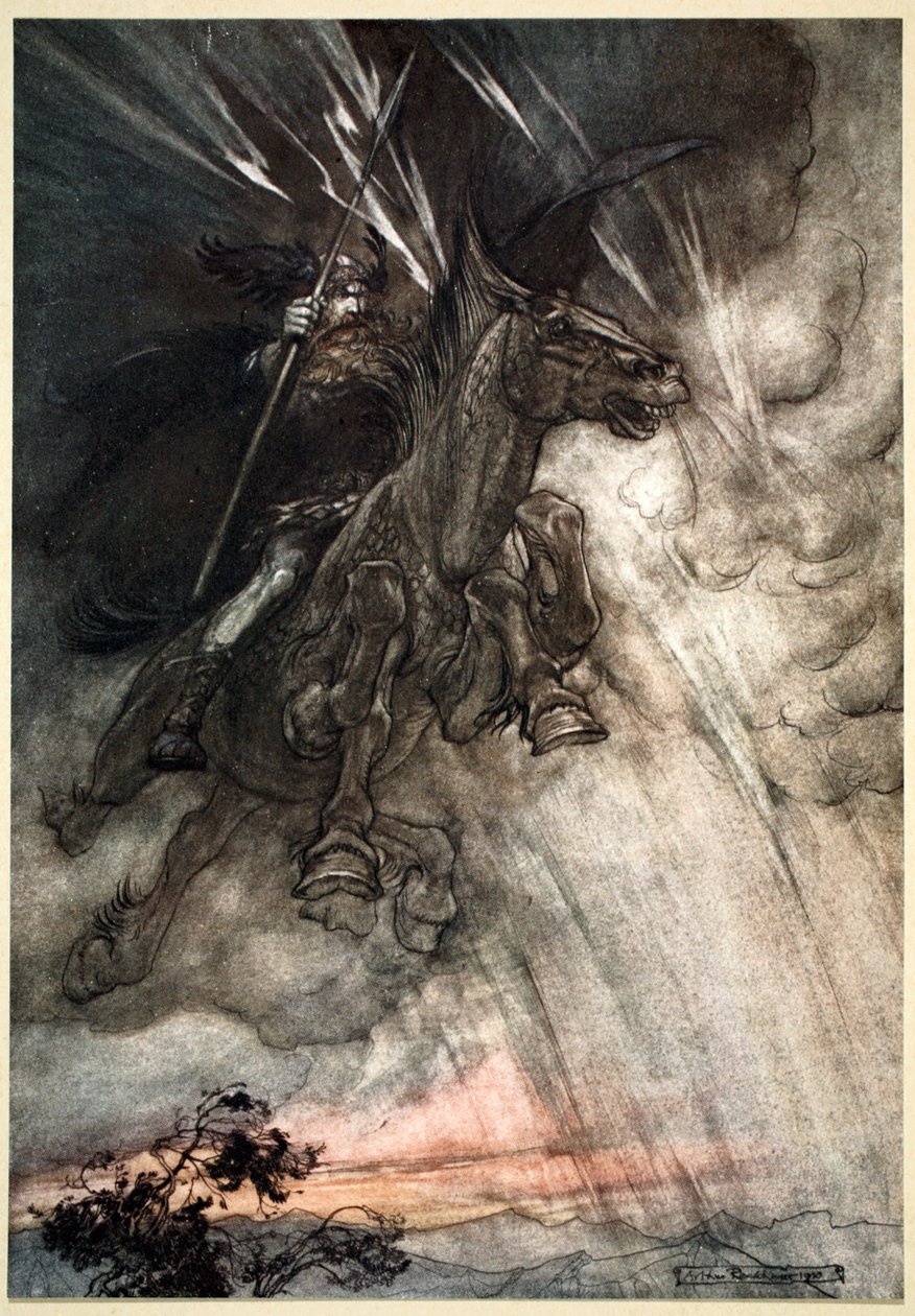 - Wściekły, Wotan jedzie na skałę! Nadchodzi jak burzowy wiatr!”, 1910. autorstwa Arthur Rackham