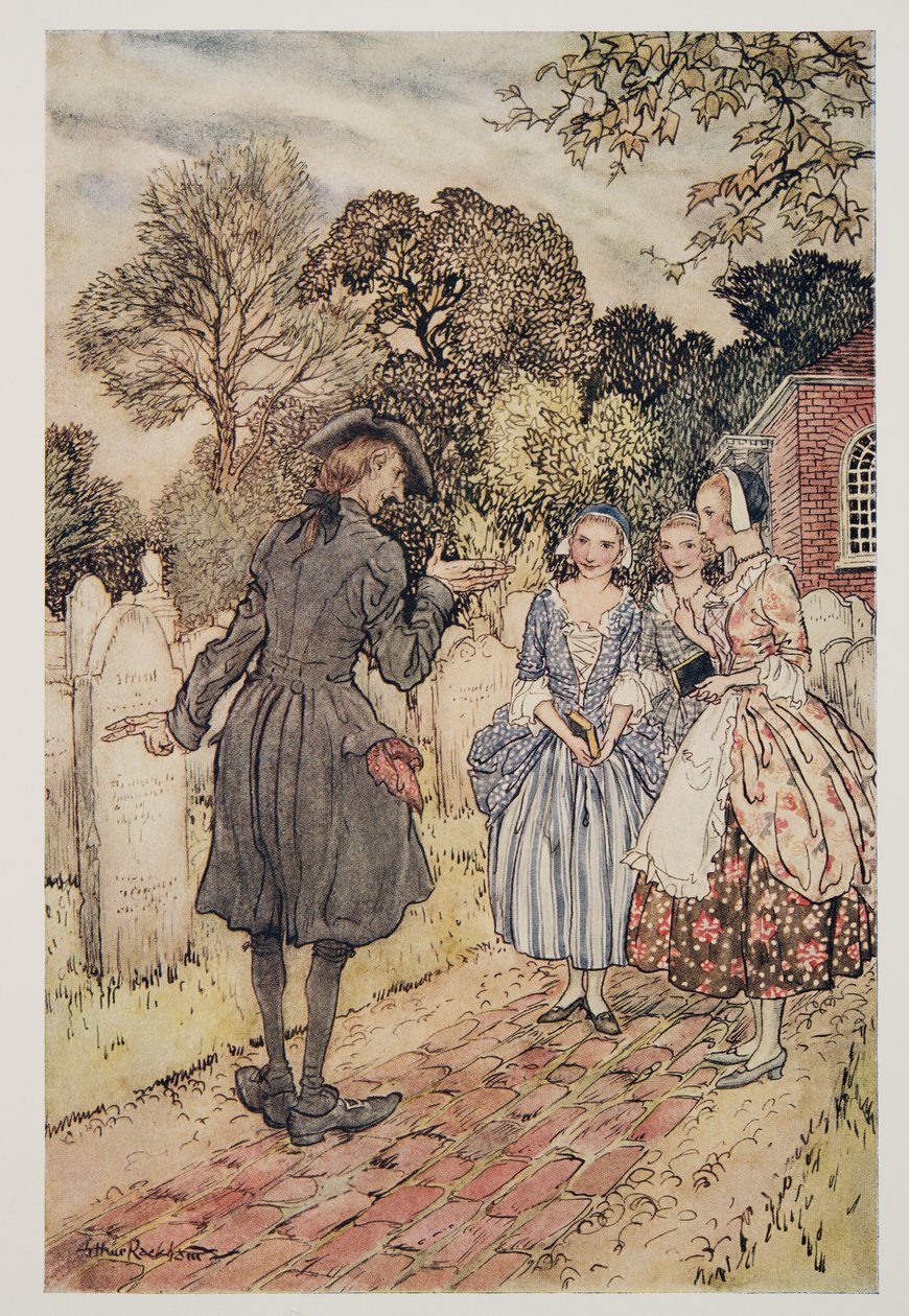 Recytując dla rozrywki wszystkie epitafia na nagrobkach..., z The Legend of Sleepy Hollow autorstwa Washingtona Irvinga (1783 - 1859), wyd. 1928 autorstwa Arthur Rackham