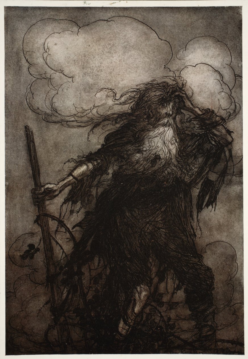 Rip się budzi. Pewnie, chociaż on, nie spałem tu całą noc? Och! Ta dzban! Ta nikczemna dzban! Jaką wymówkę mam przed Dame Van Winkle? z Rip Van Winkle przez Washington Irving, wyd. 1910 autorstwa Arthur Rackham