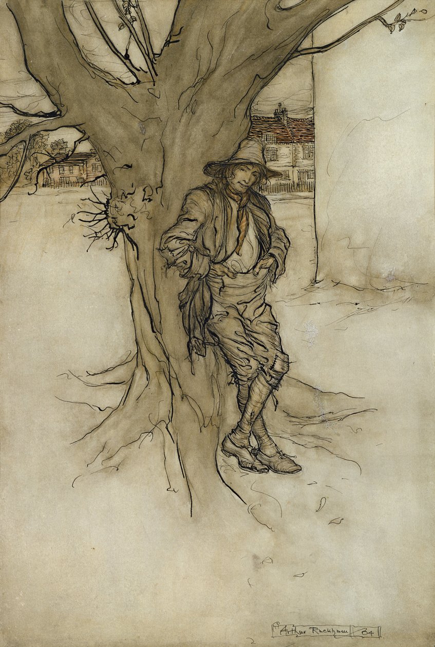 Rips syn, dokładny odpowiednik samego siebie, gdy szedł na górę, 1904 (toaleta z piórem i atramentem na papierze) autorstwa Arthur Rackham