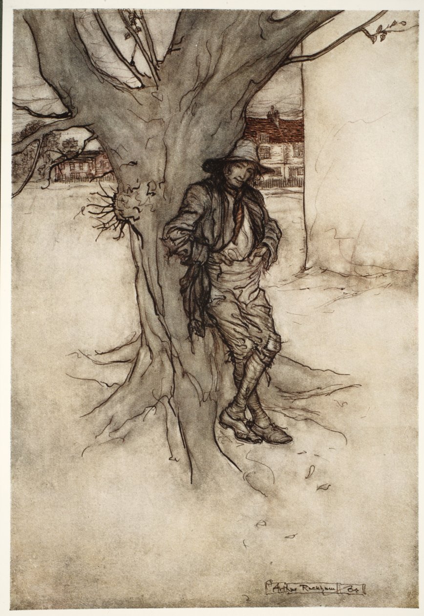 Rips syn, dokładny odpowiednik samego siebie, gdy wspinał się na górę, z pubu Rip Van Winkle by Washington Irving. 1910 autorstwa Arthur Rackham