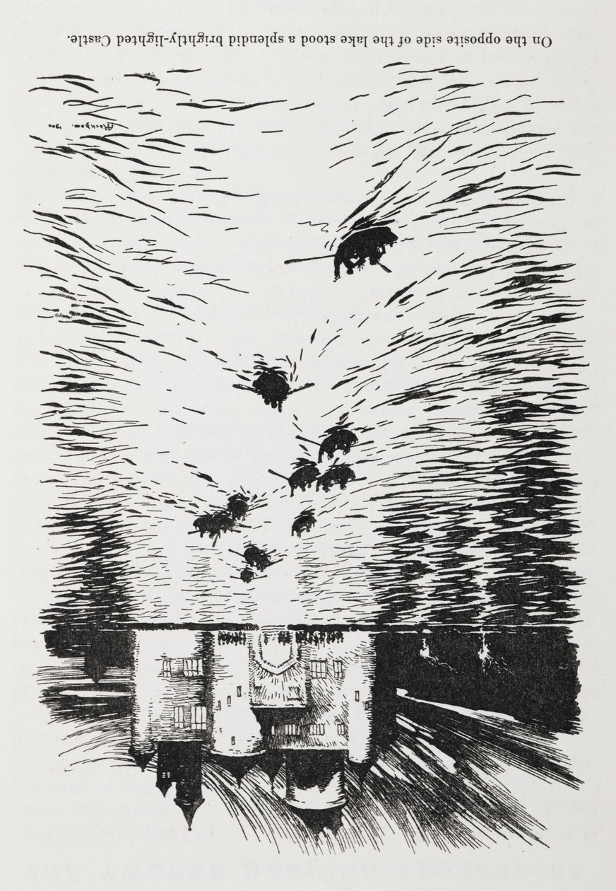 Łodzie wiosłowe na rzece zbliżającej się nocą do zamku. autorstwa Arthur Rackham